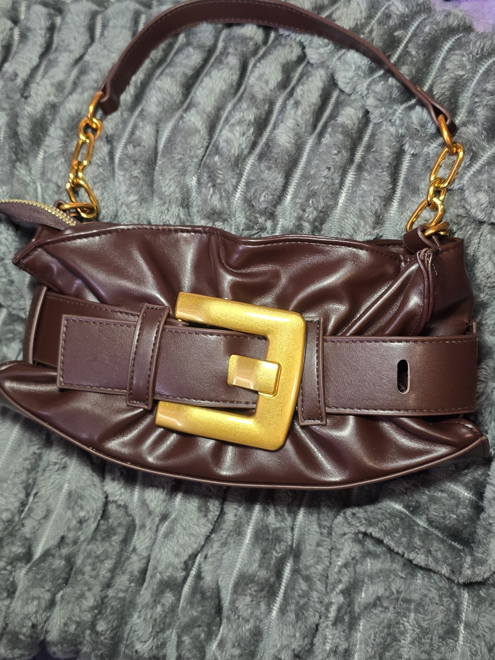 Women's Brown Faux-Leather Belt Bag with Gold Buckle